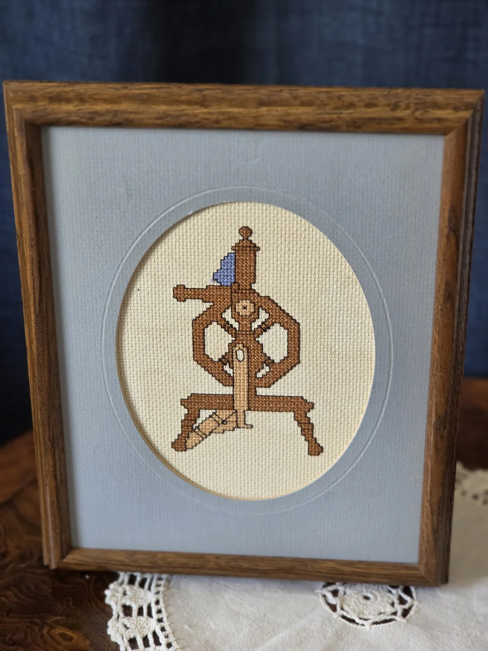 Framed Blue and Brown Cross-Stitch Home Accent Set by